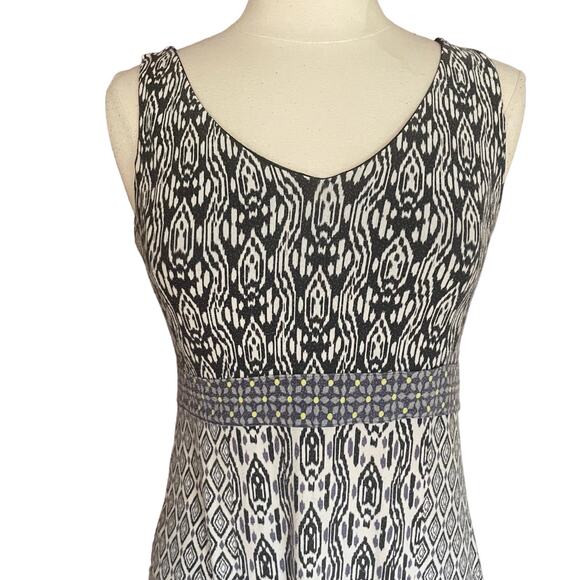 Athleta Midi Dress Sz M Tall Built in Bra Black Batik Print Modal Knit Empire - Picture 3 of 11